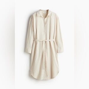 H&M Linen Blend Long Sleeve Button Up Tie Waist Tan Neutral MIDI Shirt Dress